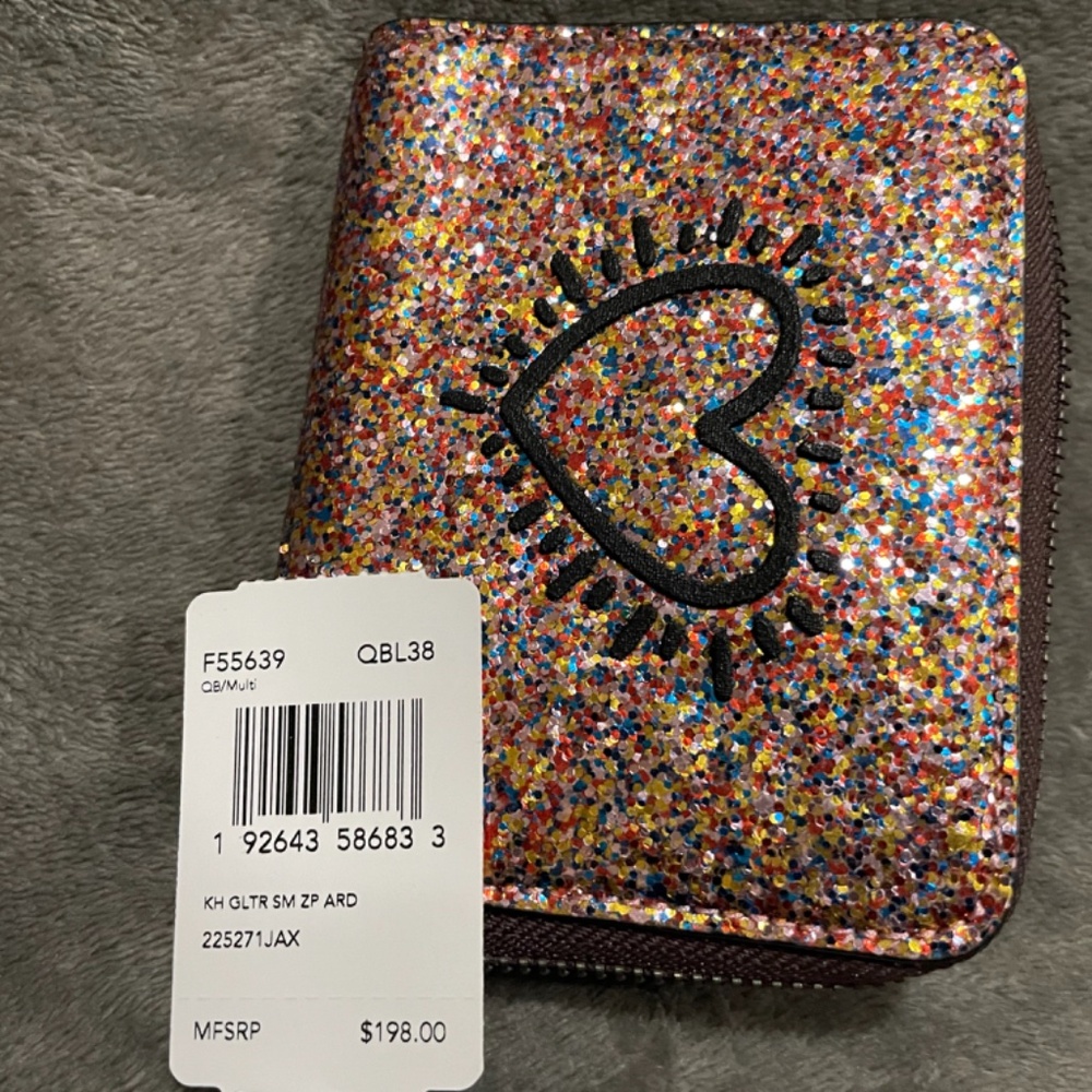 COACH Keith Haring Wallet Womens Small Multicolor Glitter Zip Around Heart - Picture 3 of 6